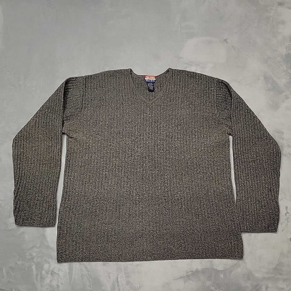 Free People Sweater Womens XL Gray V-Neck Lambswool Knit Ribbed Pullover